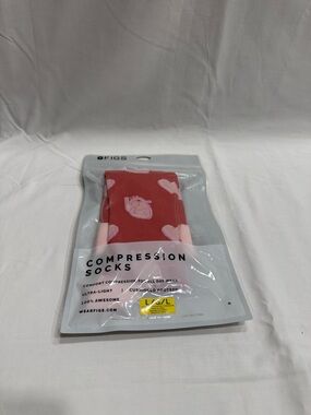 FIGS Red Compression Socks with Pink Heart Pattern